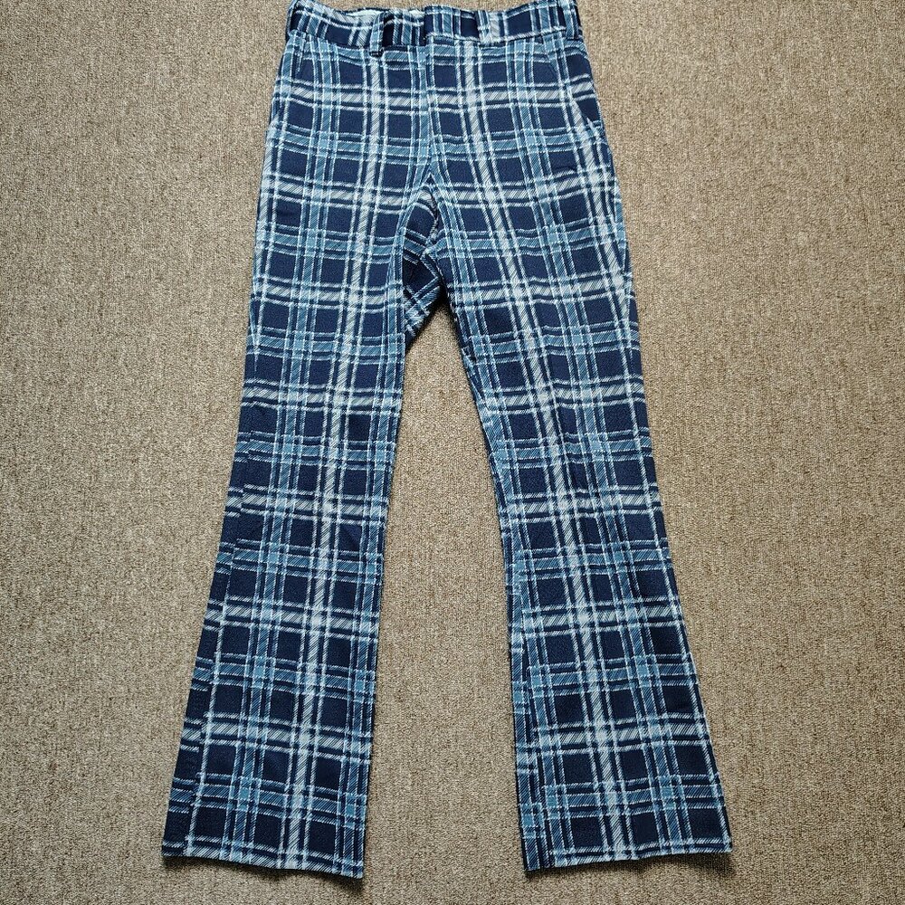 VINTAGE PLAID PANTS Men 31x32 Blue Polyester Flare Leg Slacks Retro Disco Style - Picture 1 of 8
